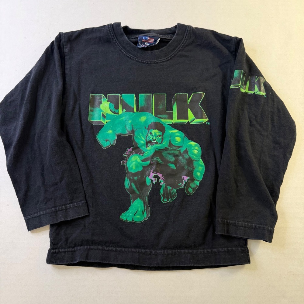 VTG Marvel Hulk Long Sleeve Shirt Kids Black Cotton Graphic Tee USA Gold 4